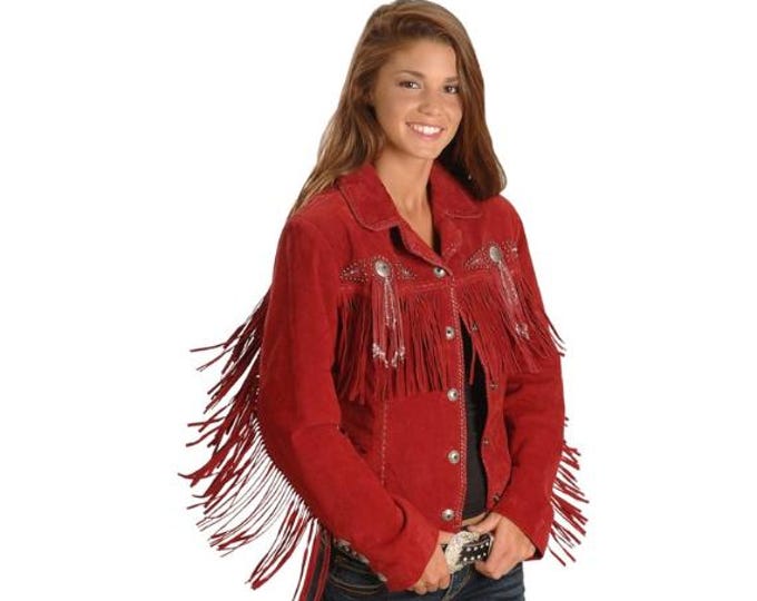 Traditional Western Cowlady 100% Genuine Red Suede Leather Jacket Women Native American Ladies Tassels Beaded & Fringe Cowgirl Jacket