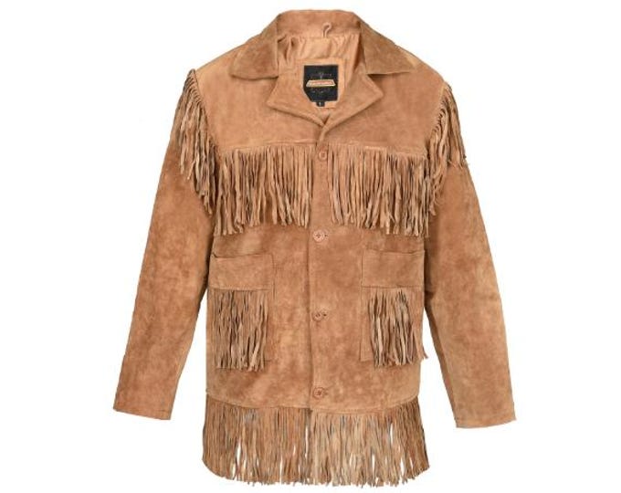 Brown Western Leather Suede Jacket Men | Traditional Vintage Buckskin Native American Cowboy Fringe Jacket Coat with Button & Tassels