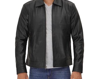 Vintage Black 100% Genuine Sheepskin Leather Jacket Men - Handmade Cafe Racer Biker Jacket, Native American Motorcycle Jacket - Zipper
