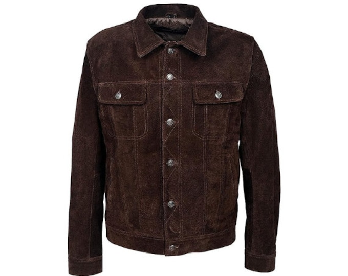 Vintage Trucker Leather Suede Jacket Men - Denim Handmade Biker Shirts, Café Racer Jacket Western Cowboy Jacket, Motorcycle Collar Jacket