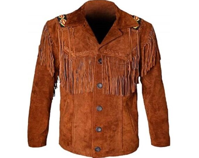 Men Brown Western Leather Suede Jacket | Classic Buckskin Traditional Native American Cowboy Fringe Jacket Coat with Beaded & Tassels