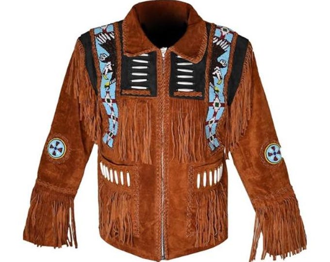 Men Brown Western Leather Suede Jacket | Classic Buckskin Traditional Native American Cowboy Jacket Fringe Coat with Zipper Beaded & Tassels