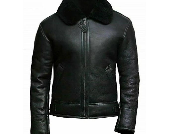 Shearling Leather  Soft Faux Fur Lining Aviator Bomber Jacket for Men's, Winter Warm Coat,