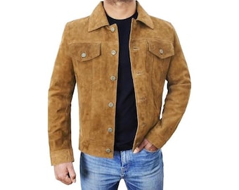 Vintage Trucker Leather Suede Jacket Men - Handmade Leather Biker Shirts, Café Racer Jacket Western Cowboy Jacket, Motorcycle Collar Shirt