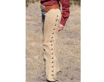 Men Western Brown Leather Suede Chaps Pant - Native American Legside Cowboy Fringe Chaps, Handmade Indian Buckskin Beaded Horse Riding Chaps