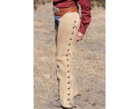 Men Western Brown Leather Suede Chaps Pant - Native American Legside Cowboy Fringe Chaps, Handmade Indian Buckskin Beaded Horse Riding Chaps