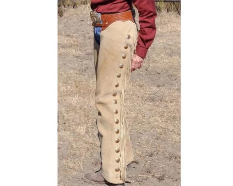 May include: A pair of tan leather chaps with fringe and a row of brass buttons down the side.