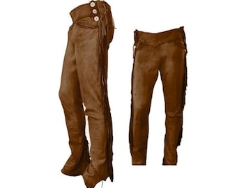 Authentic Men Western Leather Suede Pant Trouser | Classic Native American Legside Cowboy Fringe Pant | Handmade Indian Buckskin Beaded Pant