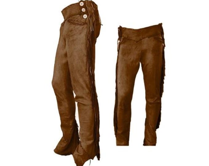 Authentic Men Western Leather Suede Pant Trouser | Classic Native American Legside Cowboy Fringe Pant | Handmade Indian Buckskin Beaded Pant