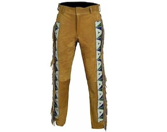 Authentic Men Western Leather Suede Pant Trouser | Vintage Native American Legside Cowboy Fringe Pant | Handmade Indian Buckskin Beaded Pant