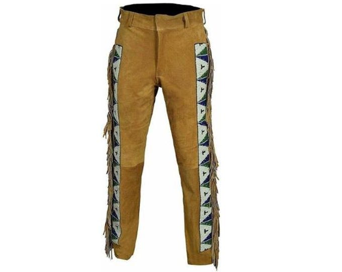 Authentic Men Western Leather Suede Pant Trouser | Vintage Native American Legside Cowboy Fringe Pant | Handmade Indian Buckskin Beaded Pant