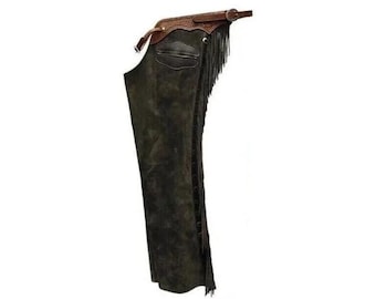 Men Black Western Leather Suede Chaps Pant - Native American Legside Cowboy Fringe Chaps, Handmade Indian Buckskin Beaded Horse Riding Chaps
