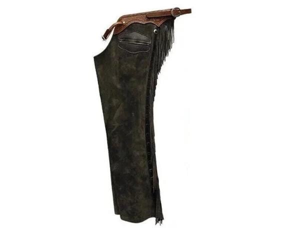Men Black Western Leather Suede Chaps Pant - Native American Legside Cowboy Fringe Chaps, Handmade Indian Buckskin Beaded Horse Riding Chaps