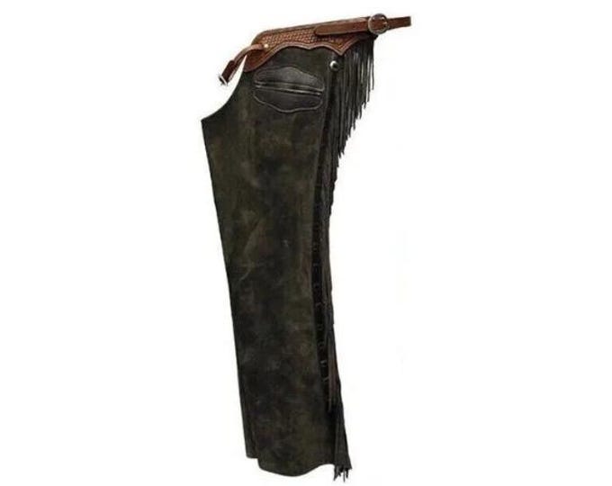 Men Black Western Leather Suede Chaps Pant - Native American Legside Cowboy Fringe Chaps, Handmade Indian Buckskin Beaded Horse Riding Chaps