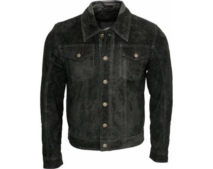 Vintage Trucker Leather Suede Jacket Men - Denim Handmade Biker Shirts, Café Racer Jacket Western Cowboy Jacket, Biker Motorcycle Shirts