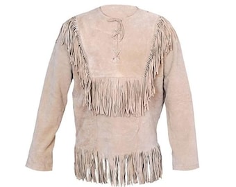 Mens Brown Western Suede Leather Shirt Jacket | Native American Fringes Shirts Jacket | Vintage Lace-Up Pullover Shirts for Men with Tassels