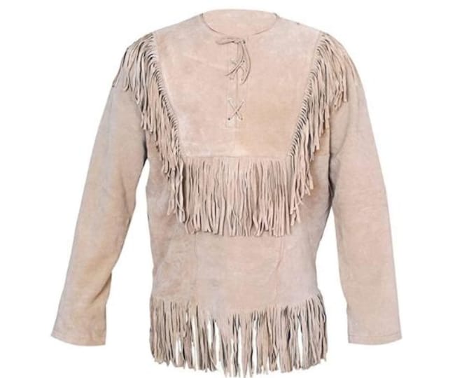Mens Brown Western Suede Leather Shirt Jacket | Native American Fringes Shirts Jacket | Vintage Lace-Up Pullover Shirts for Men with Tassels