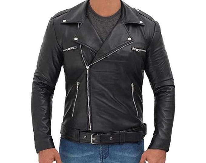 Black 100% Genuine Sheepskin Leather Jacket Men - Handmade Vintage Cafe Racer Biker Jacket, Native American Motorcycle Jacket - Zipper