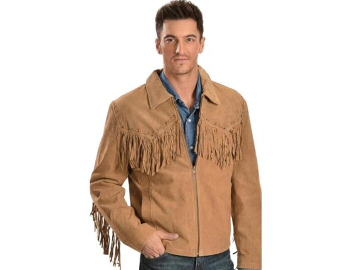 Western Brown Suede Leather Jacket Men | Buckskin Traditional Native American Fashion Cowboy Fringe Jacket Coat with Zipper & Tassels