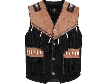 Traditional Black & Brown Men Western Suede Leather Vest - Native American Fringe Vest, Vintage Leather Beaded Tassels Cowboy Vest Waistcoat
