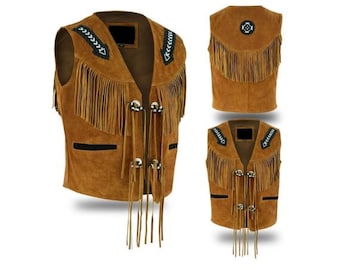 Traditional Men Western Suede Leather Vest - Classic Native American Brown Fringe Vest, Vintage Leather Beaded Tassels Cowboy Vest Waistcoat