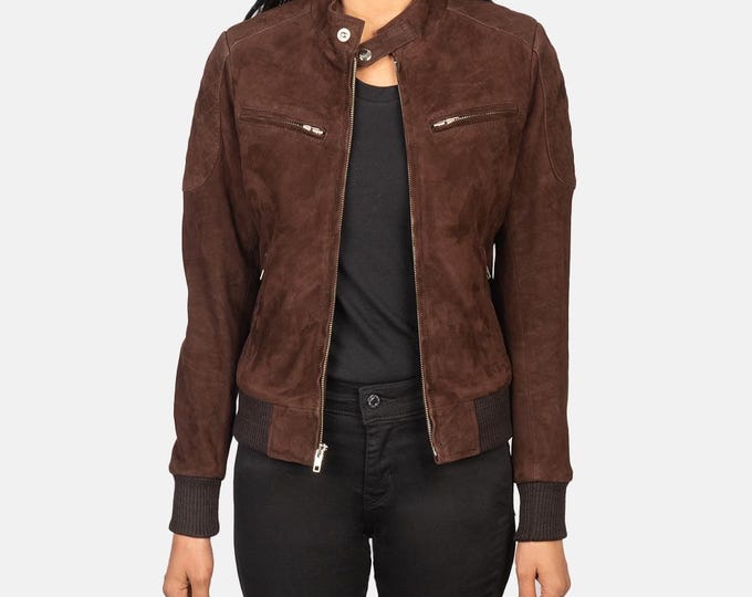 Brown Women Genuine Trucker Suede Leather Jacket - Handmade Retro Cafe Racer Biker Jacket, Vintage Native American Bomber Motorcycle Jacket