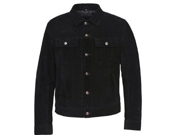 Vintage Trucker Suede Leather Jacket Men - Denim Handmade Biker Shirts, Café Racer Jacket Western Cowboy Jacket, Motorcycle Collar Shirts