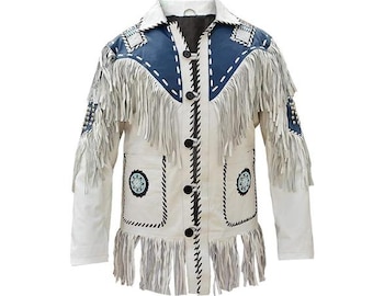 Western White Suede Leather Jacket Men | Buckskin Traditional Native American Cowboy Fringe Jacket Coat with Beaded & Tassels