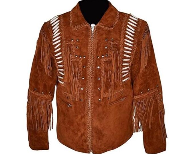 Brown Western Suede Leather Jacket Men | Classic Buckskin Traditional Native American Cowboy Fringe Jacket Coat with Zipper Beaded & Tassels