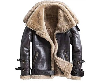 Men's Shearling  handmade sheepskin Leather jacket B3 Bomber Jacket Vintage Aviator Coat