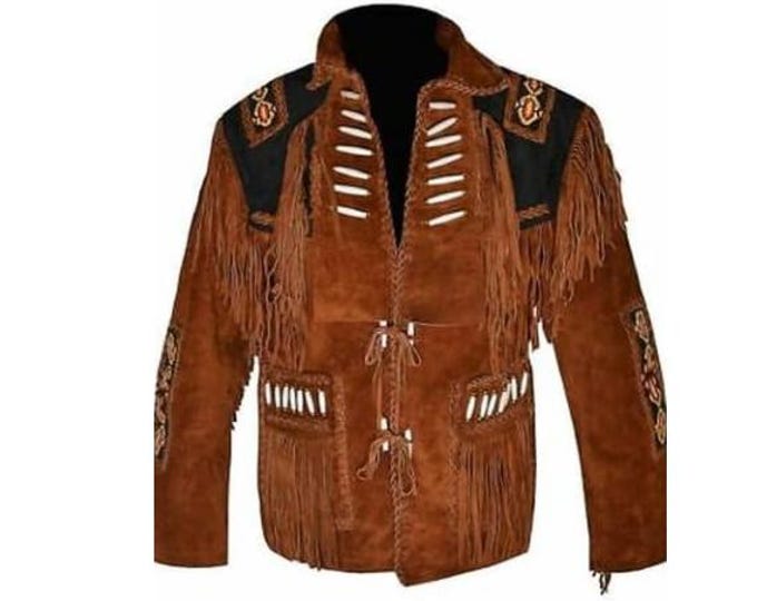 Brown Western Leather Suede Jacket Men | Classic Buckskin Traditional Native American Cowboy Fringe jacket Jacket with Beaded & Tassels