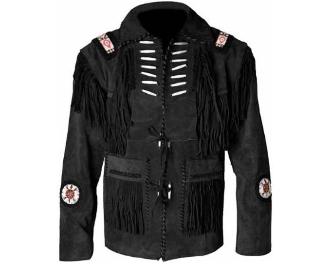 Men Traditional Western Cowboy Suede Leather Jacket | Classic Native American Fringe jacket Coat with Beaded & Tassels