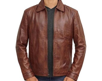 Brown 100% Genuine Sheepskin Distressed Leather Jacket Men - Retro Cafe Racer Biker Jacket, Vintage Native American Motorcycle Jacket Zipper