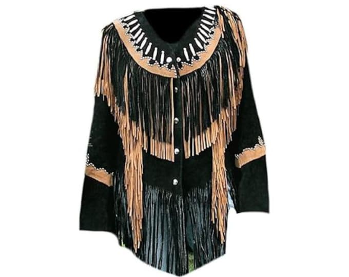 Traditional Western 100% Genuine Black Suede Leather Jacket Women Cowlady Native American Ladies Tassels Beaded & Fringe Cowgirl Jacket