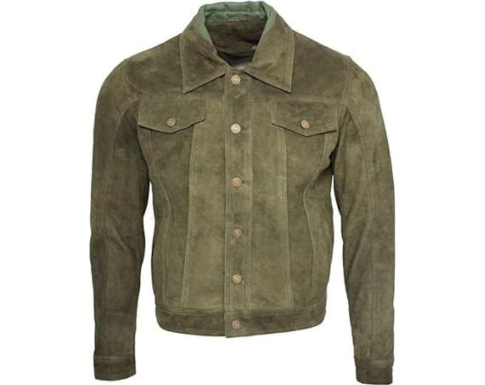 Vintage Trucker Leather Suede Jacket Men - Handmade Denim Biker Shirts, Café Racer Jacket Western Cowboy Jacket, Motorcycle Collar Shirts