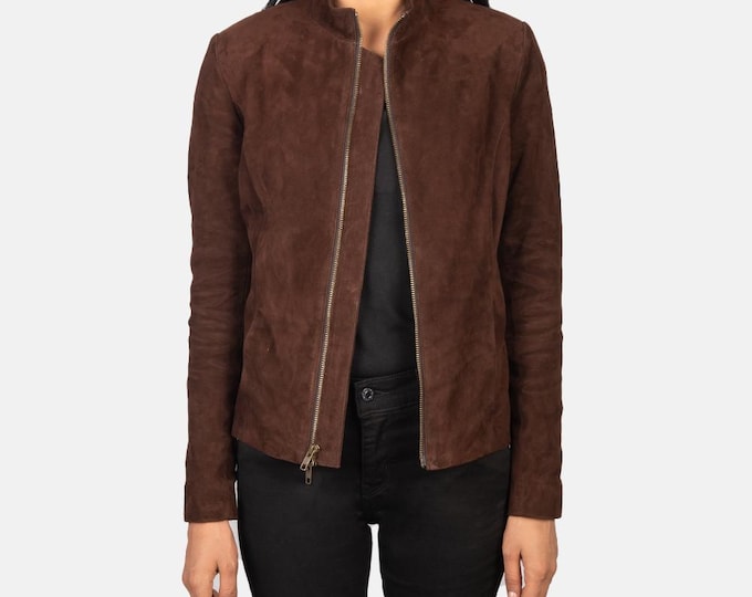Brown Women Genuine Trucker Suede Leather Jacket - Handmade Retro Cafe Racer Biker Jacket, Vintage Native American Bomber Motorcycle Jacket