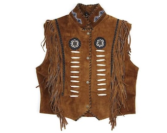 Traditional Men Brown Western Suede Leather Vest - Classic Native American Fringe Vest, Vintage Leather Beaded Tassels Cowboy Vest Waistcoat