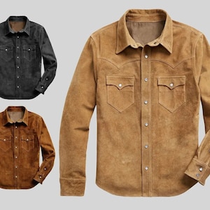 Veste camionneur vintage en cuir et daim pour hommes - Chemises motard en denim faites main, Veste Café Racer, Veste cowboy western, Chemises à col moto