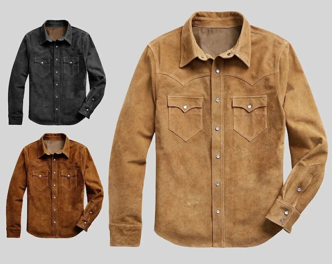 Vintage Trucker Leather Suede Jacket Men - Denim Handmade Biker Shirts, Café Racer Jacket Western Cowboy Jacket, Motorcycle Collar Shirts