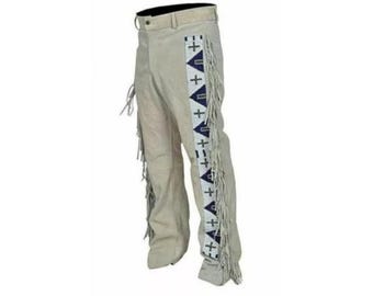 Authentic Men Western Leather Suede Pant Trouser | Vintage Native American Legside Cowboy Fringe Pant, Indian Buckskin Beaded Slim Fit Pant