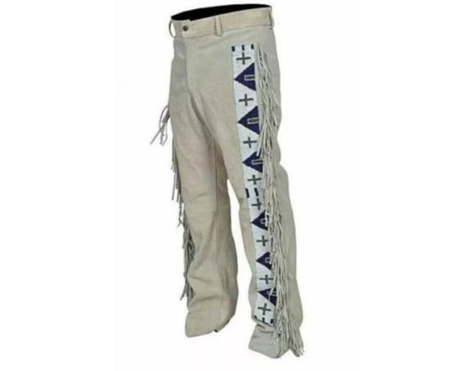 Authentic Men Western Leather Suede Pant Trouser | Vintage Native American Legside Cowboy Fringe Pant, Indian Buckskin Beaded Slim Fit Pant