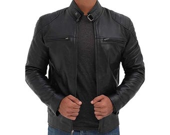 Black 100% Genuine Sheepskin Leather Jacket Men - Vintage Handmade Cafe Racer Biker Jacket, Native American Motorcycle Jacket - Zipper