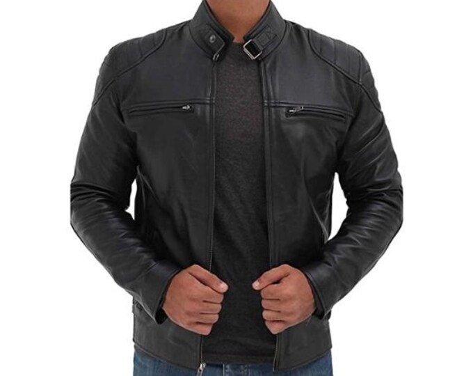 Black 100% Genuine Sheepskin Leather Jacket Men - Vintage Handmade Cafe Racer Biker Jacket, Native American Motorcycle Jacket - Zipper