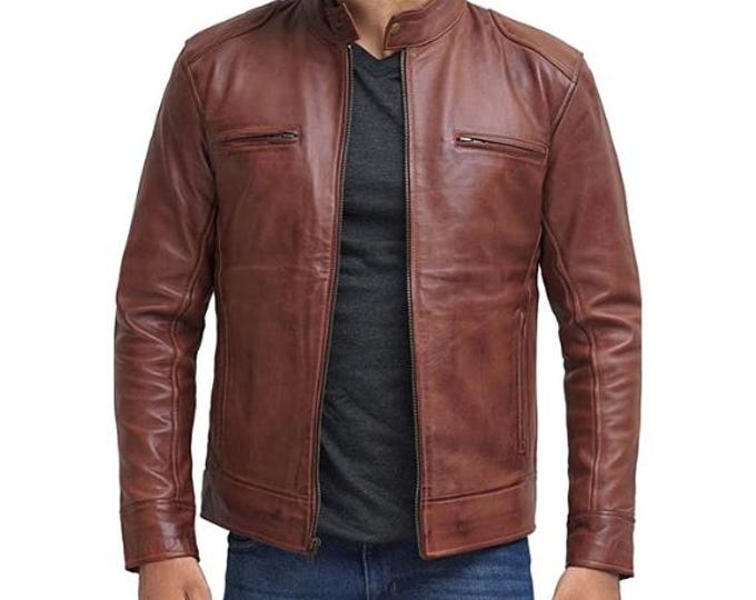 Brown 100% Genuine Sheepskin Leather Jacket Men - Vintage Handmade Retro Cafe Racer Biker Jacket, Native American Motorcycle Jacket - Zipper