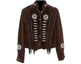 Traditional Western 100% Genuine Suede Leather Jacket Women Cowlady Native American Lady Tassels Beaded & Fringe Cowgirl Jacket