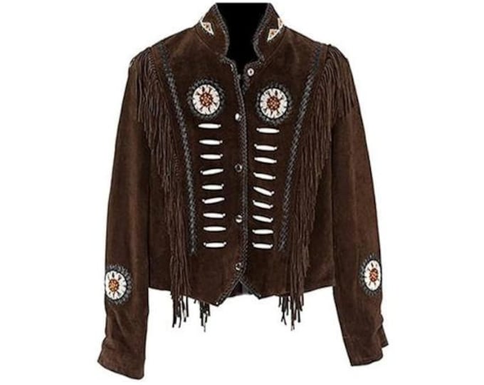 Traditional Western 100% Genuine Suede Leather Jacket Women Cowlady Native American Lady Tassels Beaded & Fringe Cowgirl Jacket