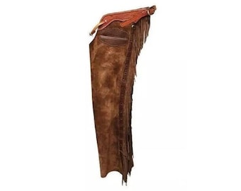 Men Brown Western Leather Suede Chaps Pant - Native American Legside Cowboy Fringe Chap, Handmade Buckskin Beaded Horse Mountain Rider Chaps