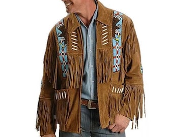 Western Brown Suede Leather Jacket Men | Classic Buckskin Traditional Native American Fringe Jacket Cowboy Coat with Zipper Beaded & Tassels