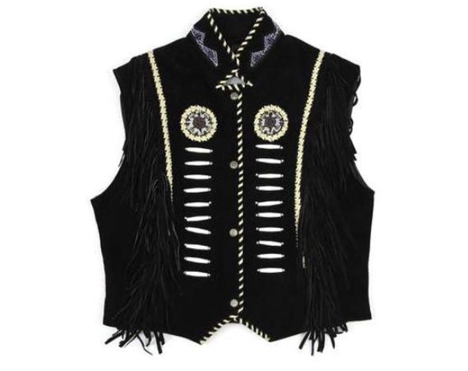 Traditional Men Black Western Suede Leather Vest - Classic Native American Fringe Vest, Vintage Leather Beaded Tassels Cowboy Vest Waistcoat