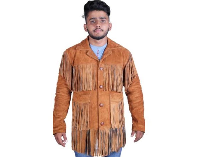Brown Traditional Western Suede Leather Jacket Men | Classic Native American Buckskin Cowboy Fringe jacket Jacket with Beaded & Tassels